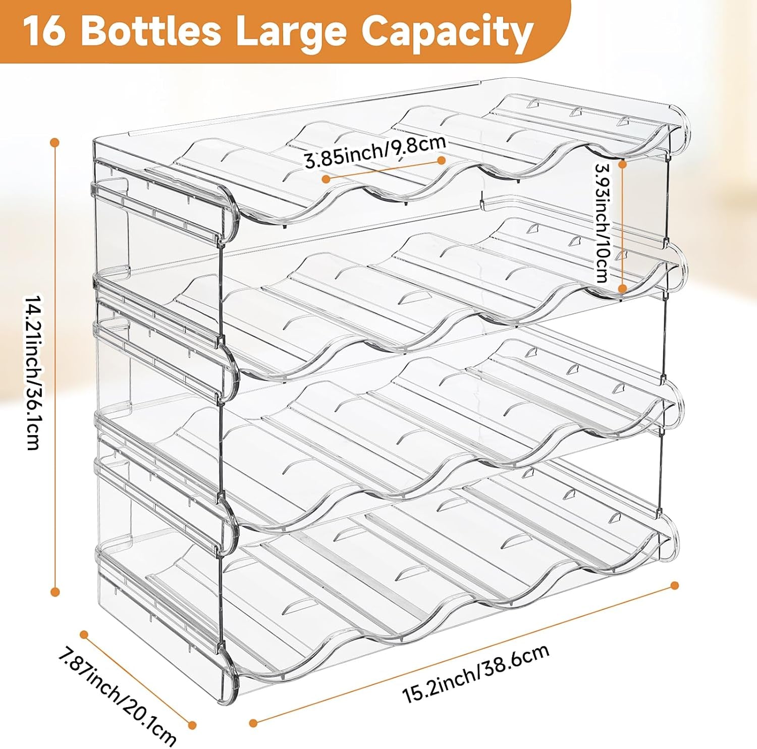 Stackable Water Bottle Organizer, Large Compartment Water Bottle Holder, 4 Tier Clear Water Bottle Organizer for Cabinet, Bottle Rack for Kitchen Organization and Storage - Hold 16 Bottles